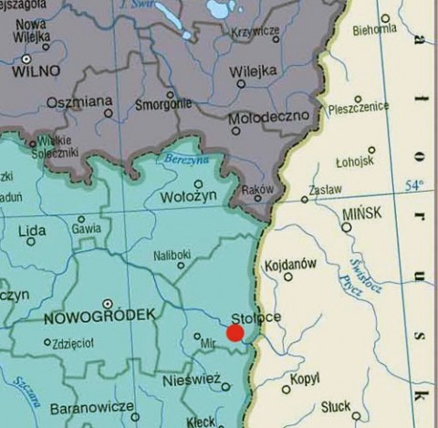 Mapa polsko-sowieckiej granicy w okolicach Stołpc, obok których leży Kołosowo 