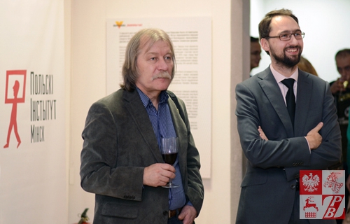 Ryhor Sitnica, przewodniczący Białoruskiego Ziązku Malarzy i szef Instytutu Polskiego w Mińsku Tomasz Adamski