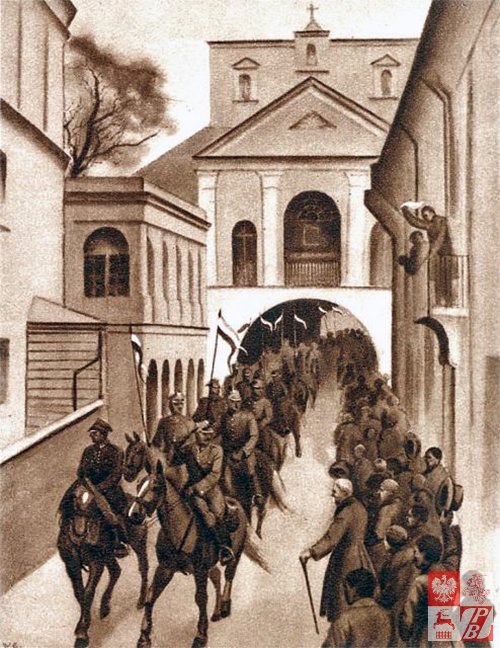 Karta pocztowa przedstawiająca wkroczenie wojsk polskich do Wilna w kwietniu 1919r., fot.: Narodowe Archiwum Cyfrowe